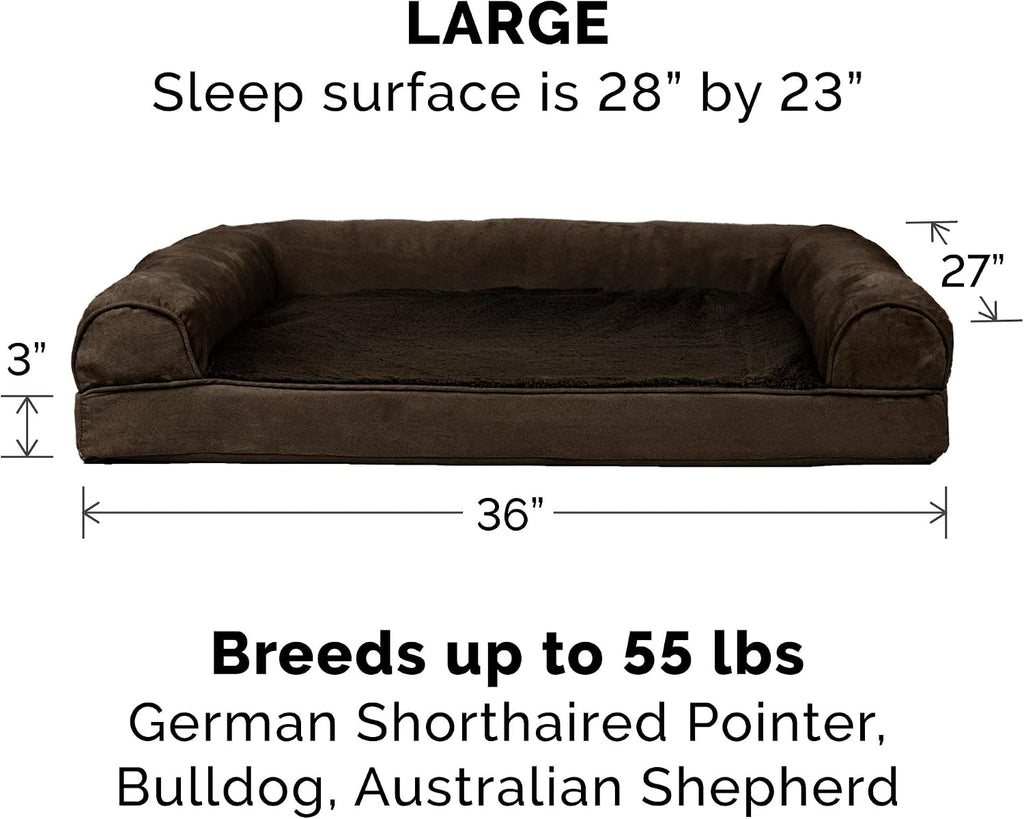Furhaven Orthopedic Dog Bed for Large/Medium Dogs w/ Removable Bolsters & Washable Cover, For Dogs Up to 55 lbs - Plush & Suede Sofa - Espresso, Large
