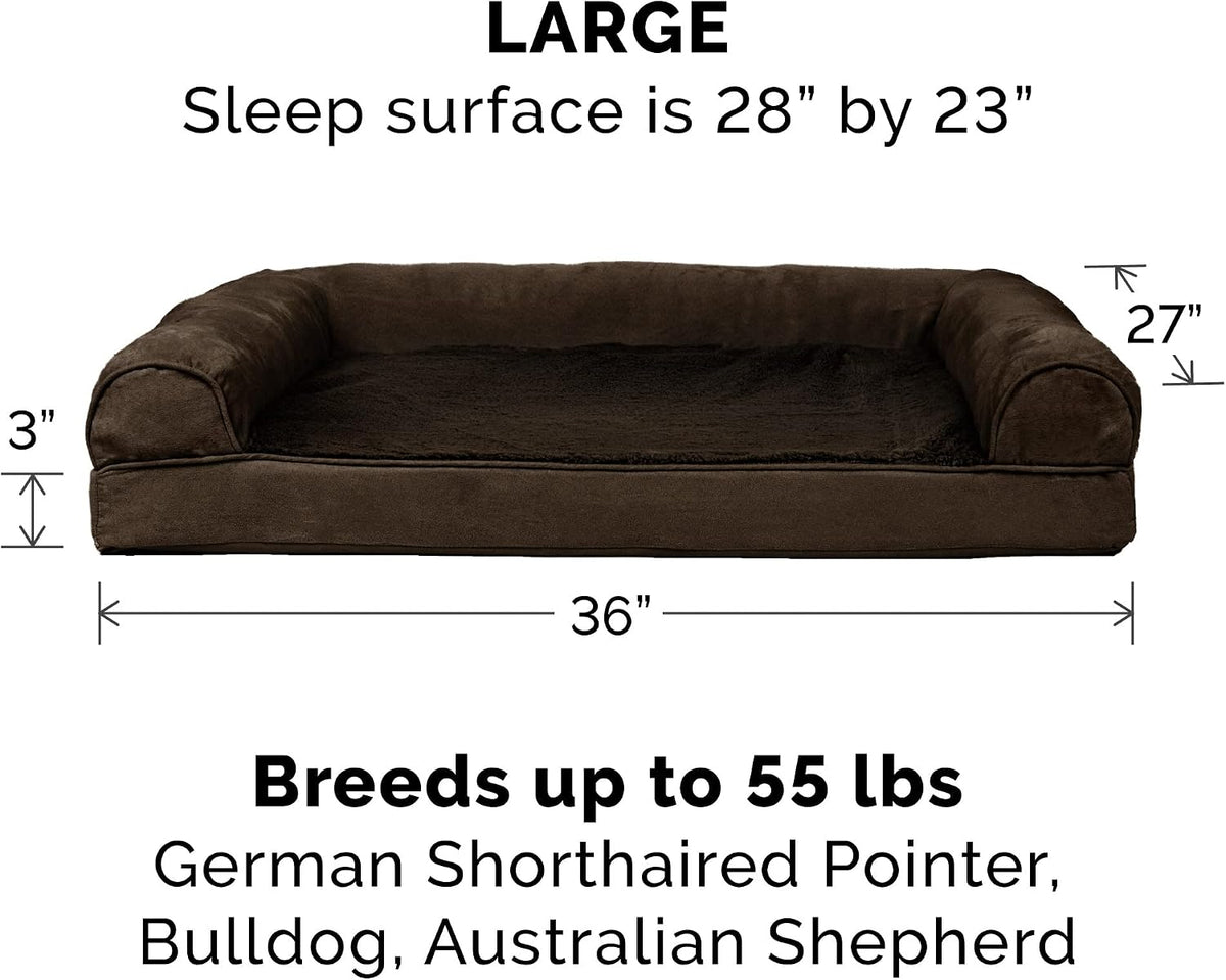 Furhaven Orthopedic Dog Bed for Large/Medium Dogs w/ Removable Bolsters & Washable Cover, For Dogs Up to 55 lbs - Plush & Suede Sofa - Espresso, Large
