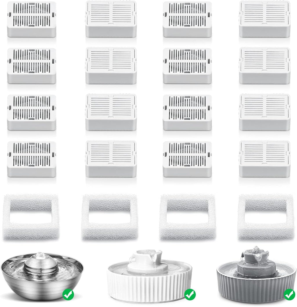 Cat Fountain Replacement Filters, 16 Carbon Filters with 4 Foam Filters, Compatible with Ceramic Cupcake and Wave Cat Fountain and 67oz/2L Stainless Steel Cat Water Fountain(20PACK)