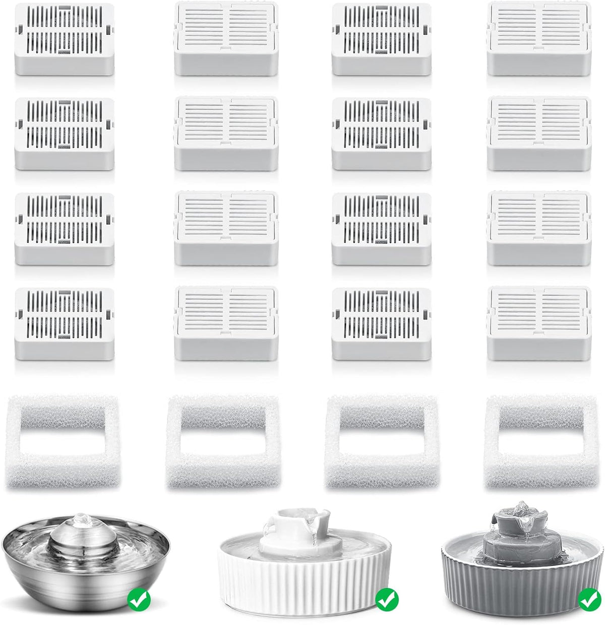 Cat Fountain Replacement Filters, 16 Carbon Filters with 4 Foam Filters, Compatible with Ceramic Cupcake and Wave Cat Fountain and 67oz/2L Stainless Steel Cat Water Fountain(20PACK)