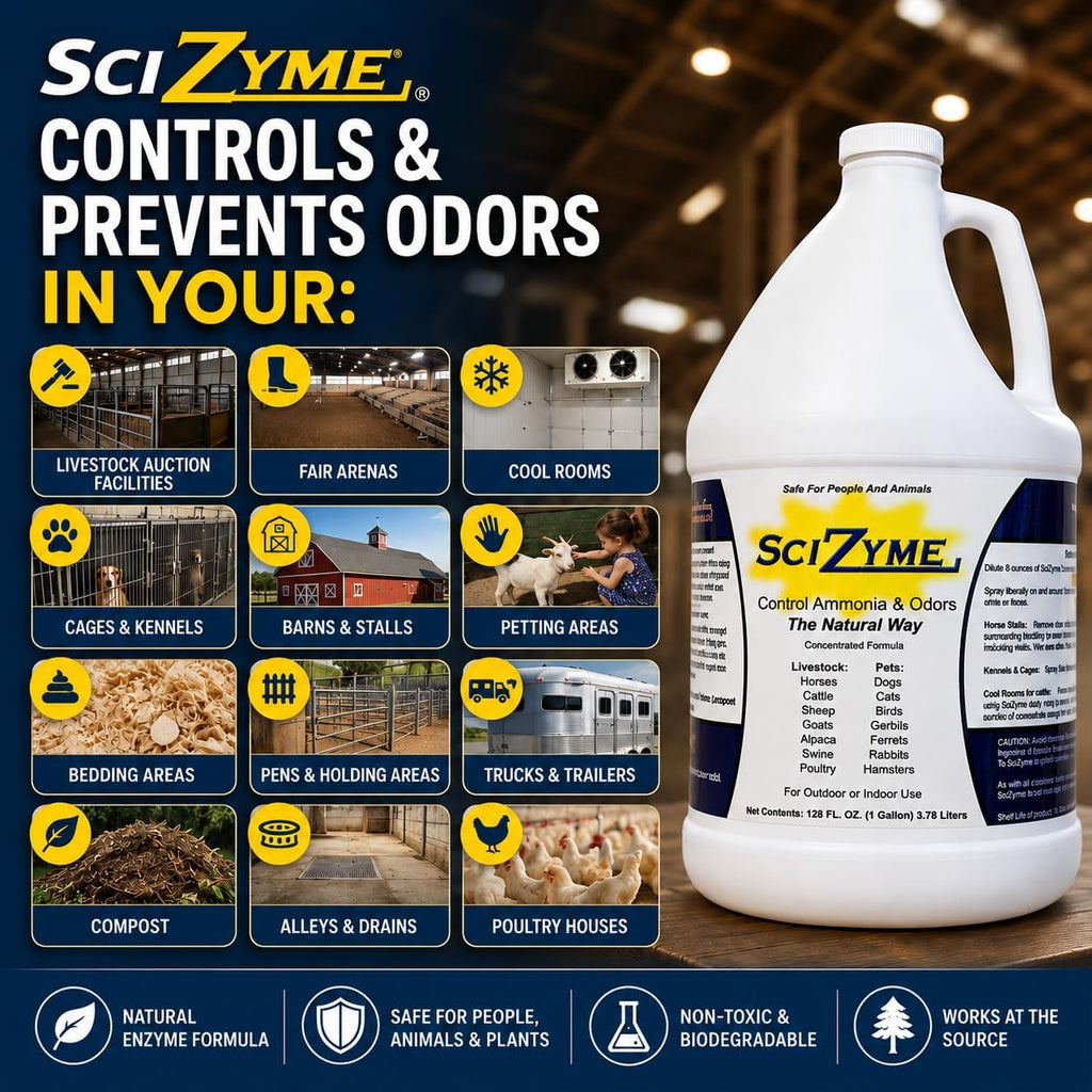 SciZyme - Enzyme Based Eliminator & Control Odors & Ammonia in Cooler Rooms, Barns, Trailers, Kennels, Etc. (Makes 16 Gallons)