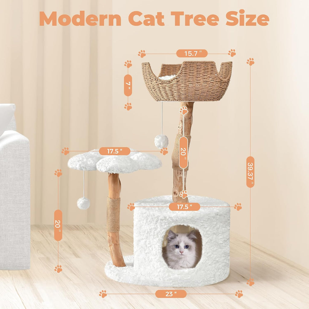 Easyego Modern Cat Tree, 39.9" Aesthetic Wood Cat Tree Tower for Large Cats, Luxury Cat Condo with Scratching Posts and Flower Platforms, Cat Furniture, White
