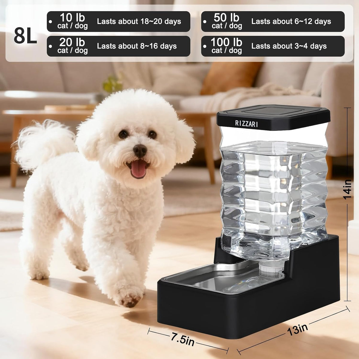 RIZZARI 2.1 Gallon Gravity Dog Water Dispenser:Filter-Free for Busy Homes