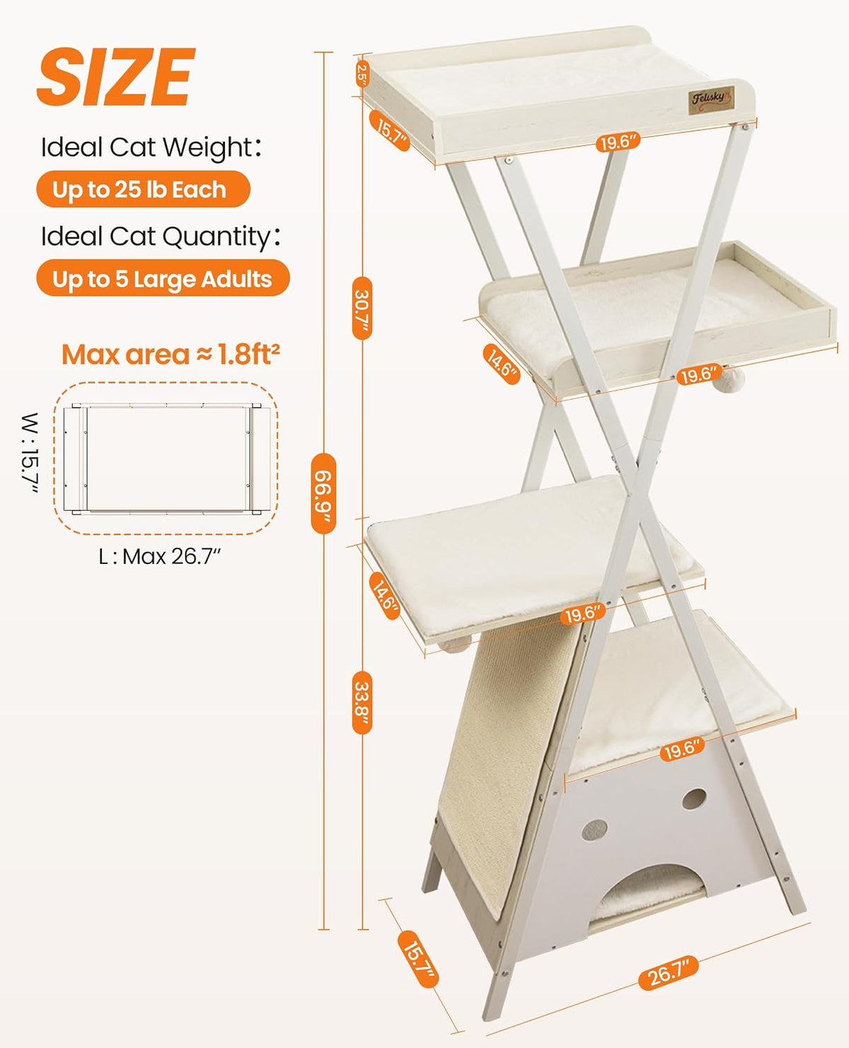 Modern Wood Cat Tree Tower for Indoor Cats Large Adult 67-in Tall