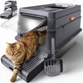 Powools Stainless Steel Enclosed Cat Litter Box, Elevated Step Box, Grey | 23.6 x 15.7 x 15.0 in, Metal Cat Litter Box with Lid, Litter Scoop, Activated-Carbon Pack, Non-Sticky, Easy to Clean