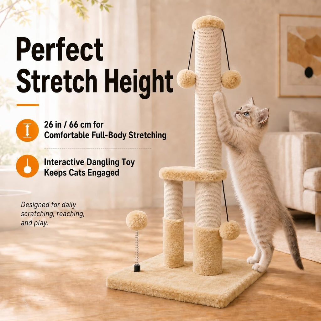 Dimaka Tall Cat Scratching Post, Double Lower Posts Extra Stable Cat Post Tree Scratcher with Sisal Rope and Teasing 4 Balls Total Large Base (Light Brown)