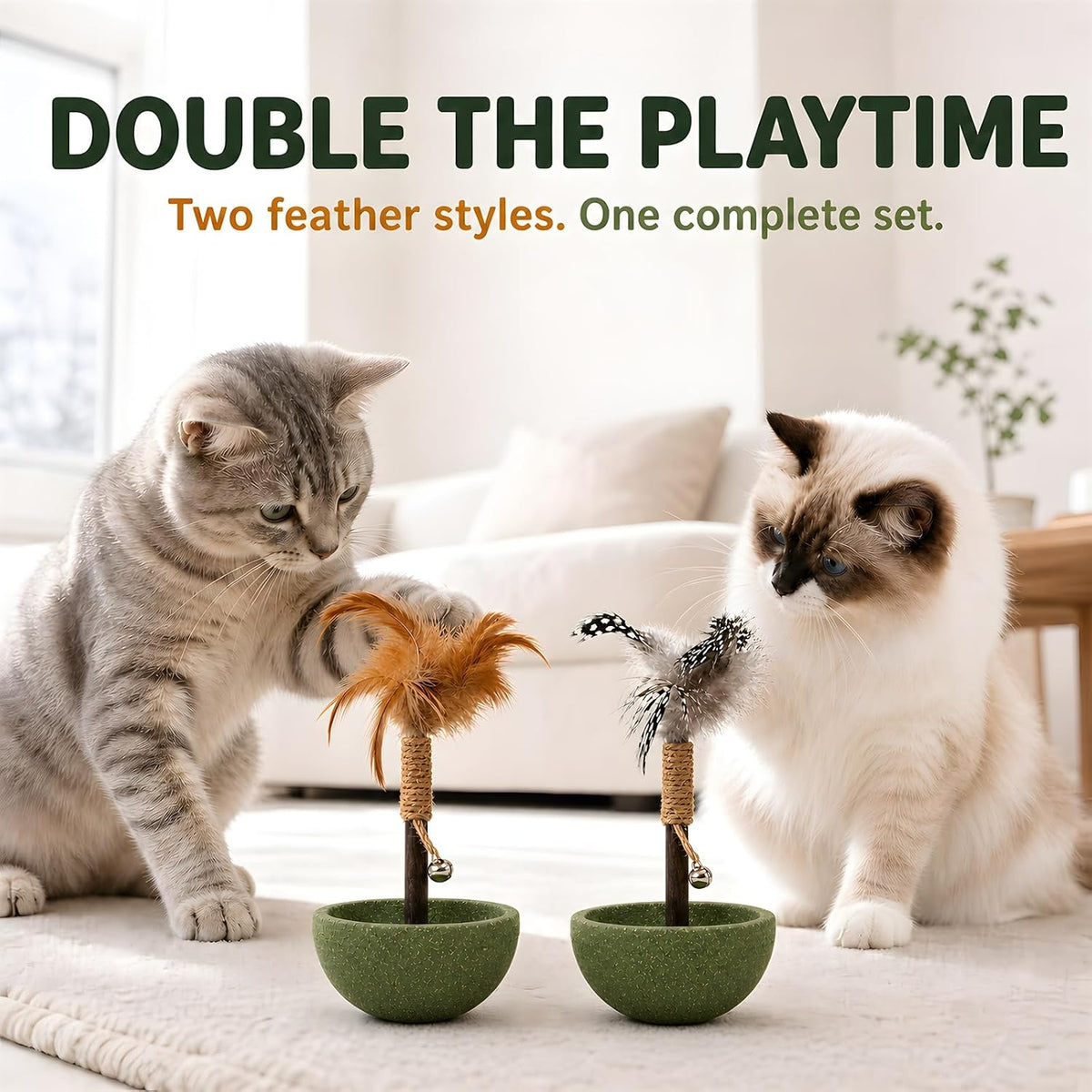 2-Piece Feather Tumbler Cat Toy with Catnip & Bell with Silvervine Stick