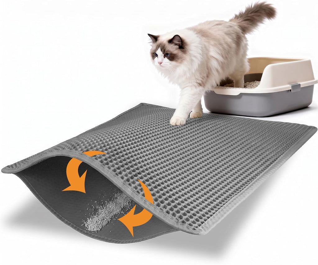Pieviev Litter Box Mat, Double-Layer Urineproof Design, 30" x 24" Gray | Honeycomb Litter Trapping Mat Captures Scattered Particles to Stop Tracking, Waterproof Base Protects Floors, Easy to Clean