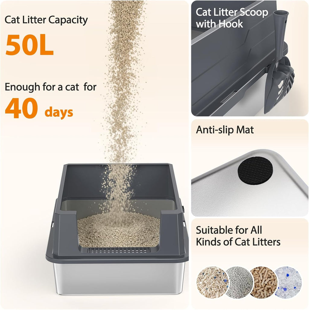 FURTIME Stainless Steel Cat Litter Box, Extra Large Cats Metal Litter Box