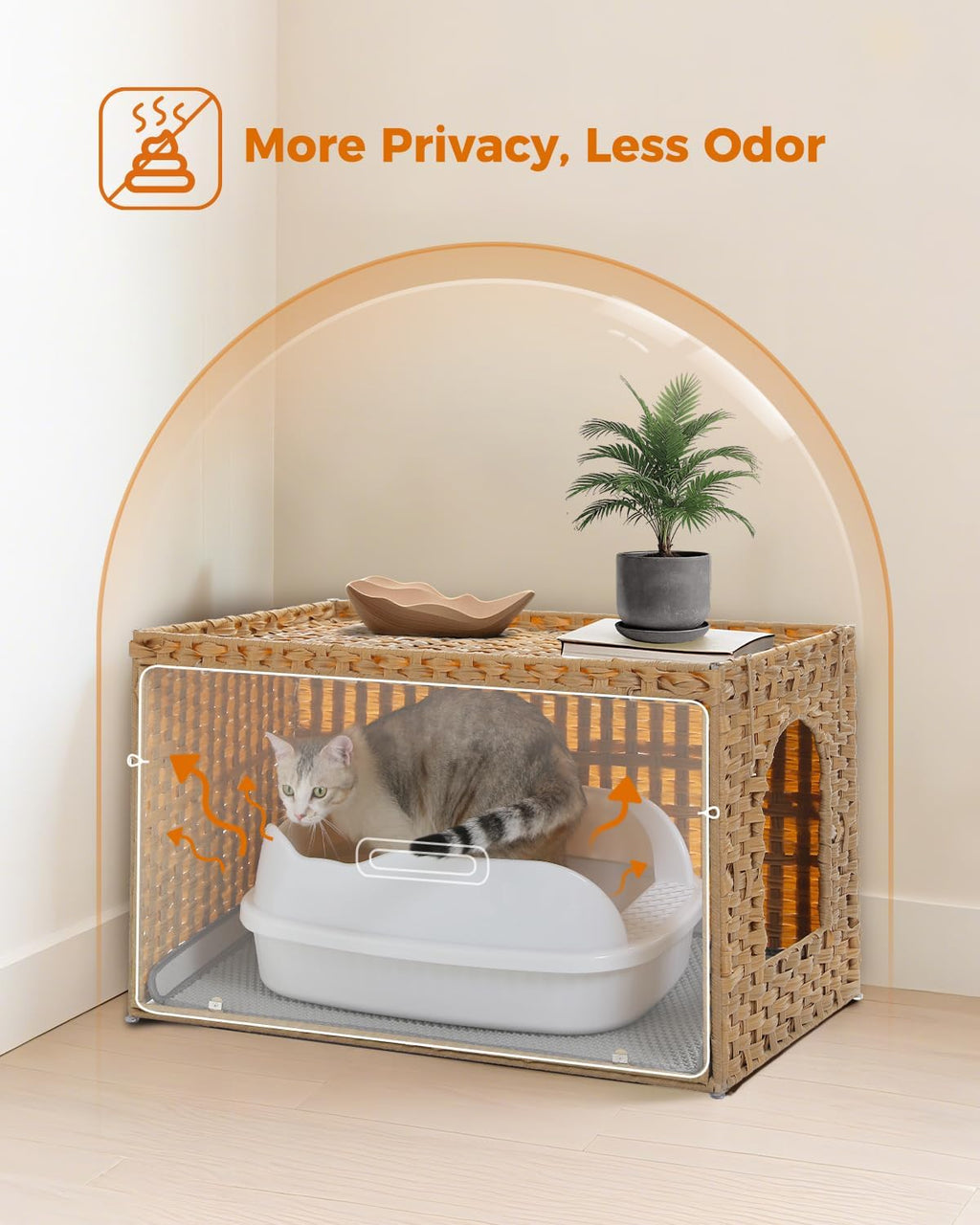 MUTTROS Rattan Cat Litter Box Enclosure - Extra Large Hidden Litter Box Furniture by Handwoven Wicker with Taller Doorway & Raised Edge Mat-Cat House Cabinet for Large Cats Indoor Odor Control, Beige