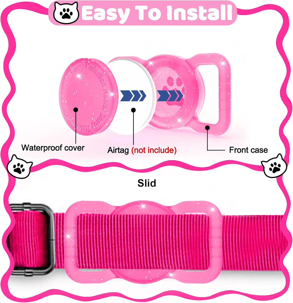 SANKALA Luminous Airtag Dog Collar Holder, Pink Glitter, 1 Pack