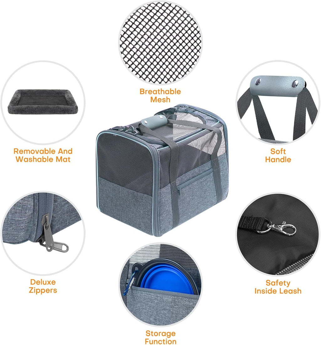 JUNGYOUN Premium Cat Carrier - Pet Carrier for Cat & Small Dogs up to 15lbs - Airline Approved Travel Dog Carrier with Anti-Escape Zippers, Collapsible Travel Bowl & Padded Strap
