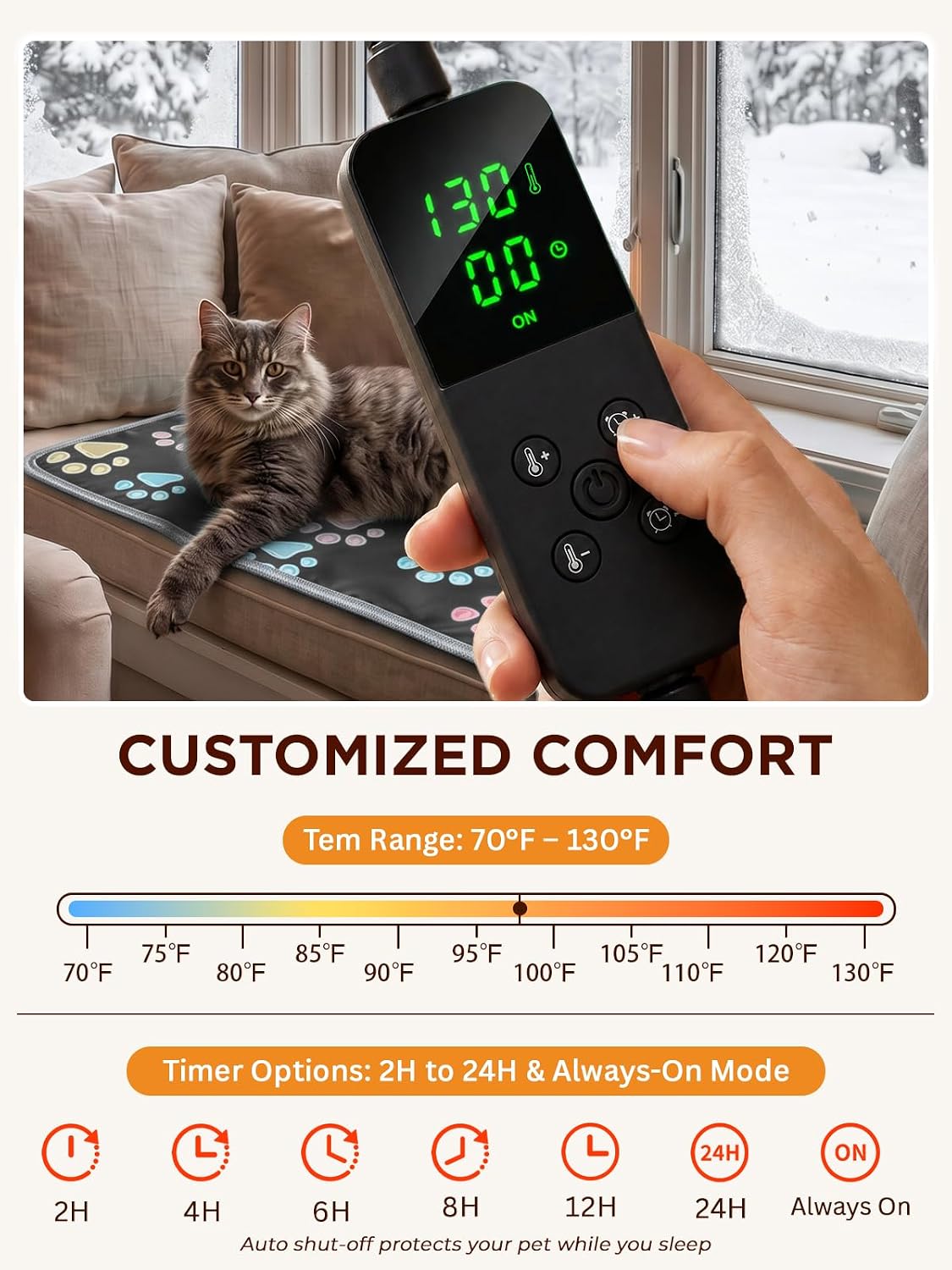 furrybaby Pet Heating Pad for Cats & Dogs, 24x16 in, Heated Mat with Timer