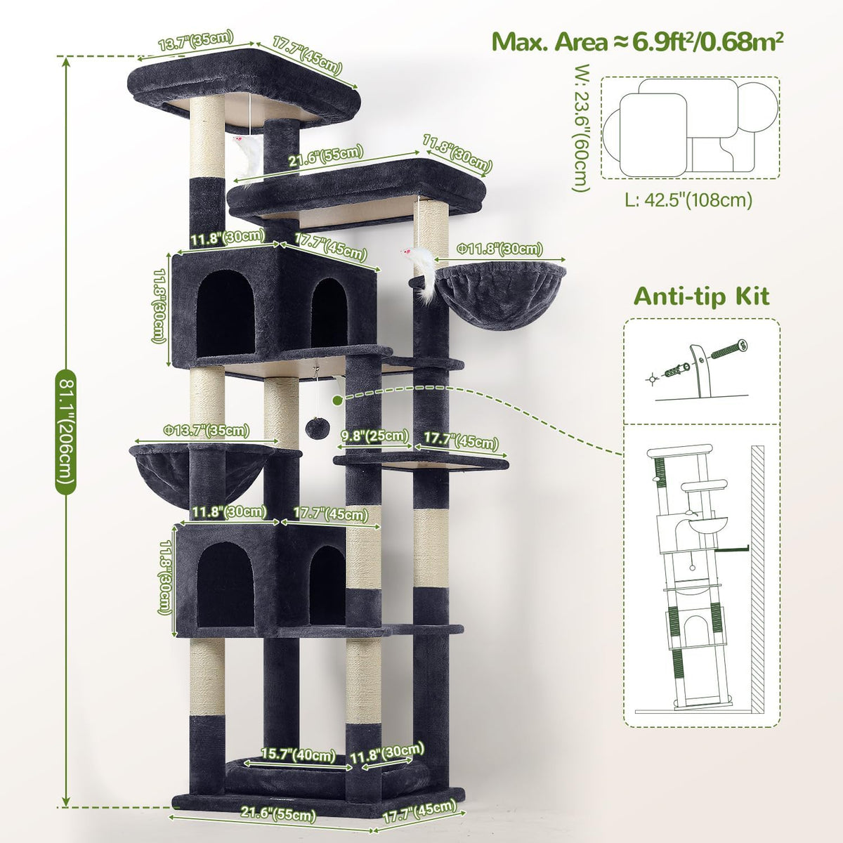 Globlazer Sturdy Extra Large Cat Tower for Indoor Cats, S81C, Dark Grey