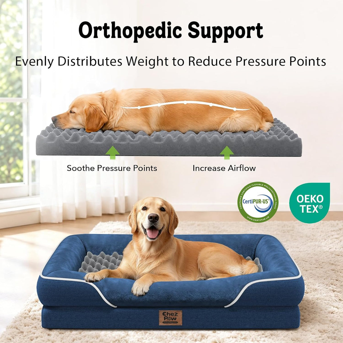 Chez Paw Waterproof Orthopedic Dog Bed for Large and Extra Large Dogs