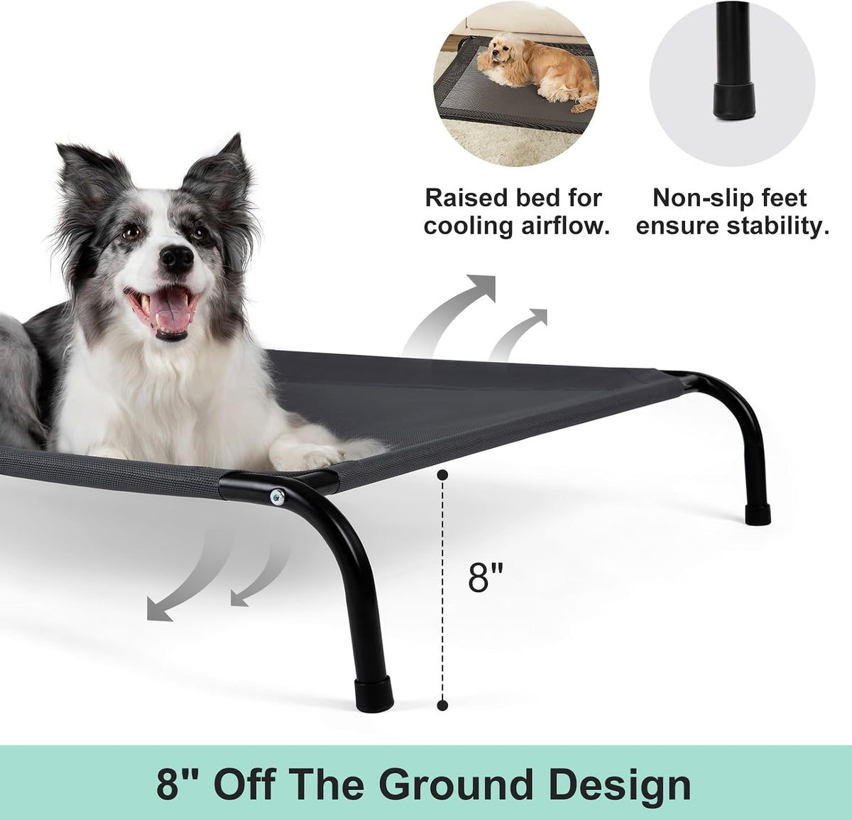 Cooling Elevated Dog Bed for Extra Large Dogs with Non-Slip Floor Protectors & Breathable Mesh, XL Raised Indoor & Outdoor Dog Cot Hammock, 54" L x 35" W x 8" Th, X-Large, Grey