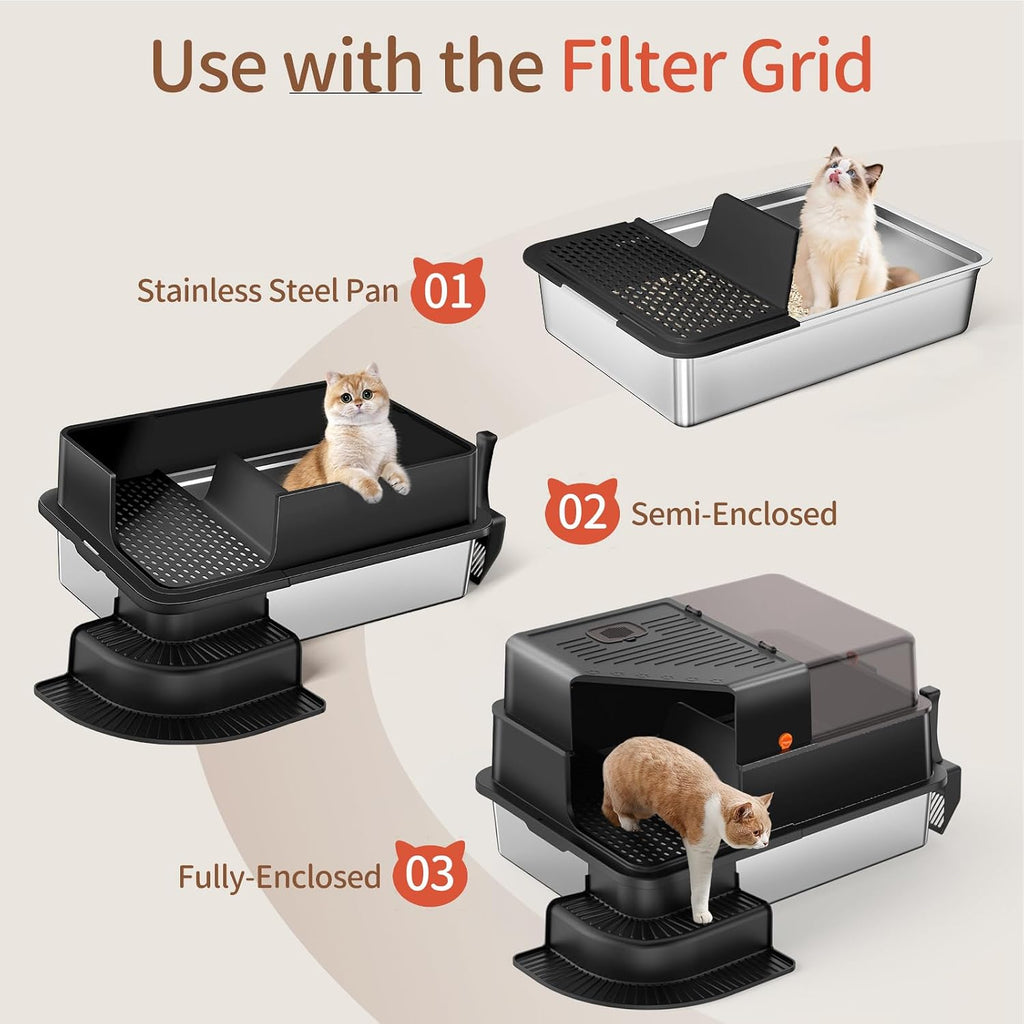XXXL Stainless Steel Litter Box 28"x20"x18" Enclosed Cat Litter Box, Black | Extra Large Metal Litter Box Tray with High Side, Filtered Grid, Cat Step, Litter Scoop, Non-Odor, Non-Sticky, Easy Cleaning