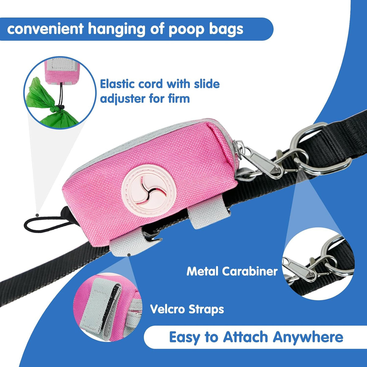 Dog Poop Bag Holder for Leash, Large-Capacity Canvas Pouch, Pink | Holds one bag roll, keys, treats, and small essentials with quick access, secure straps, and water-resistant canvas