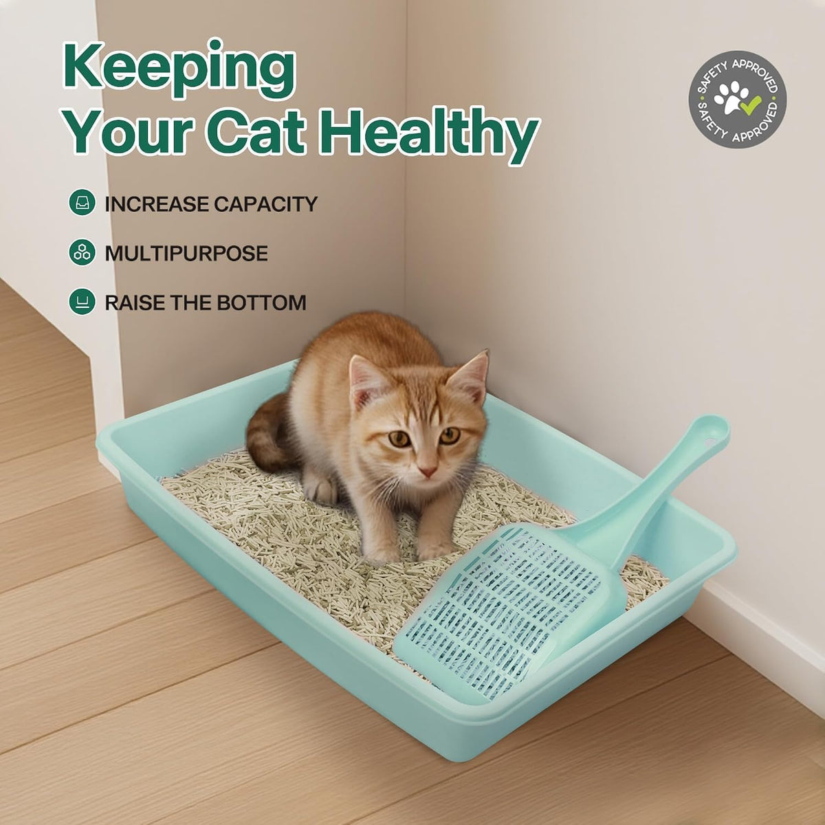 PAWISE Small Cat Litter Box,14.3 x 10.6 x 2.5 Kitten Litter Box Starter Kit,Low Entry,Scoop,Bowls,Cat Mouse Toy and Ball Toy,First Catty Owner Essentials(Green)
