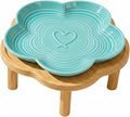PawsPik Flower Ceramic Feeding Cat Plate with Raised Bamboo Stand, Blue