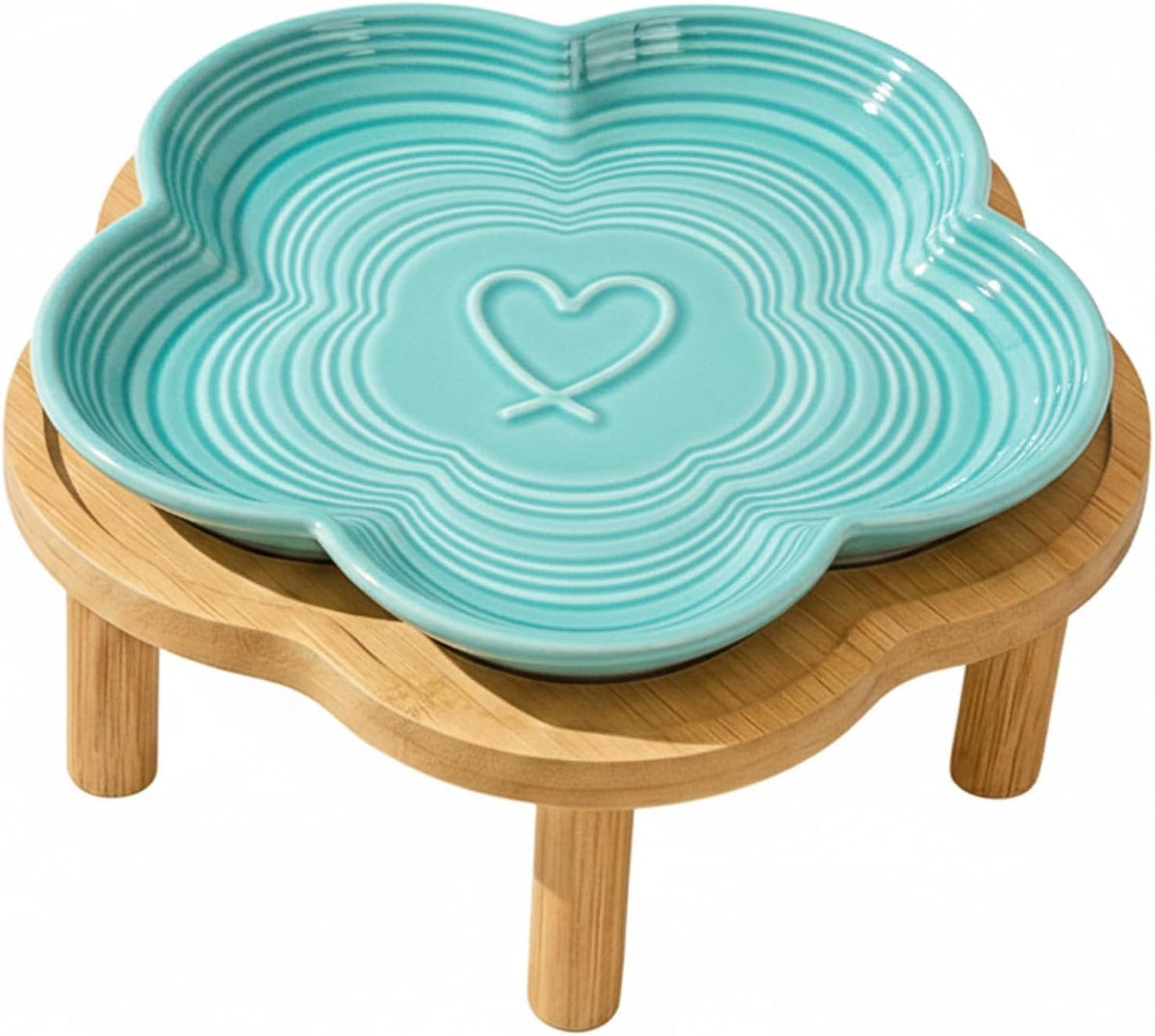 PawsPik Flower Ceramic Feeding Cat Plate with Raised Bamboo Stand, Blue