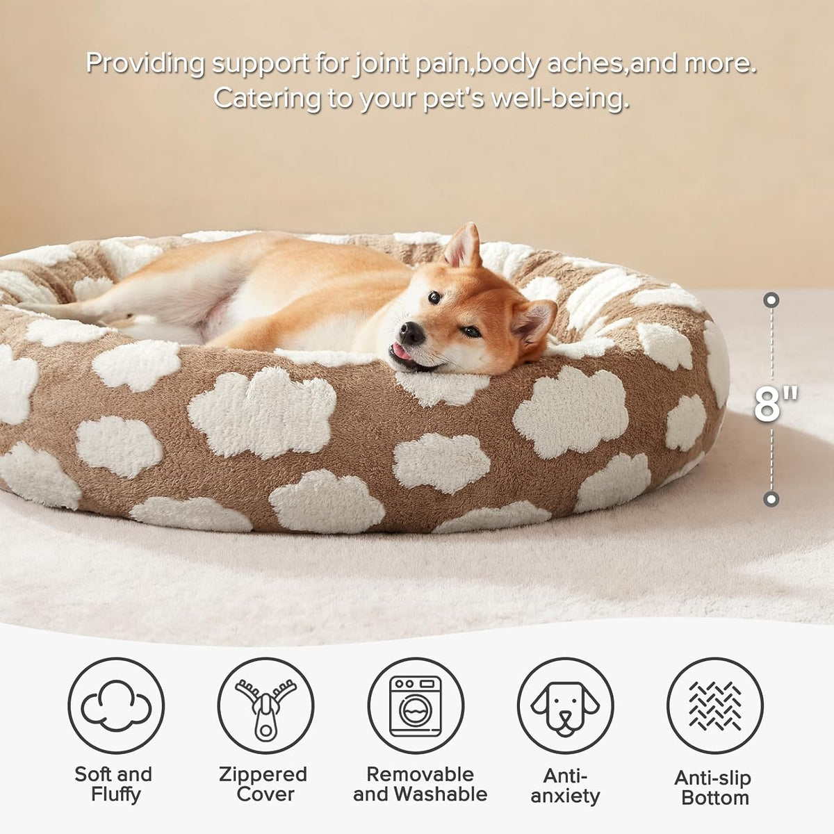 JOEJOY Jacquard Donut Round Small Dog Beds,Brown 23x23x8in, Removable Washable Cover, Cute Pattern, Ultra Soft Fluffy Calming Pet Bed with Thick Supportive Bolster