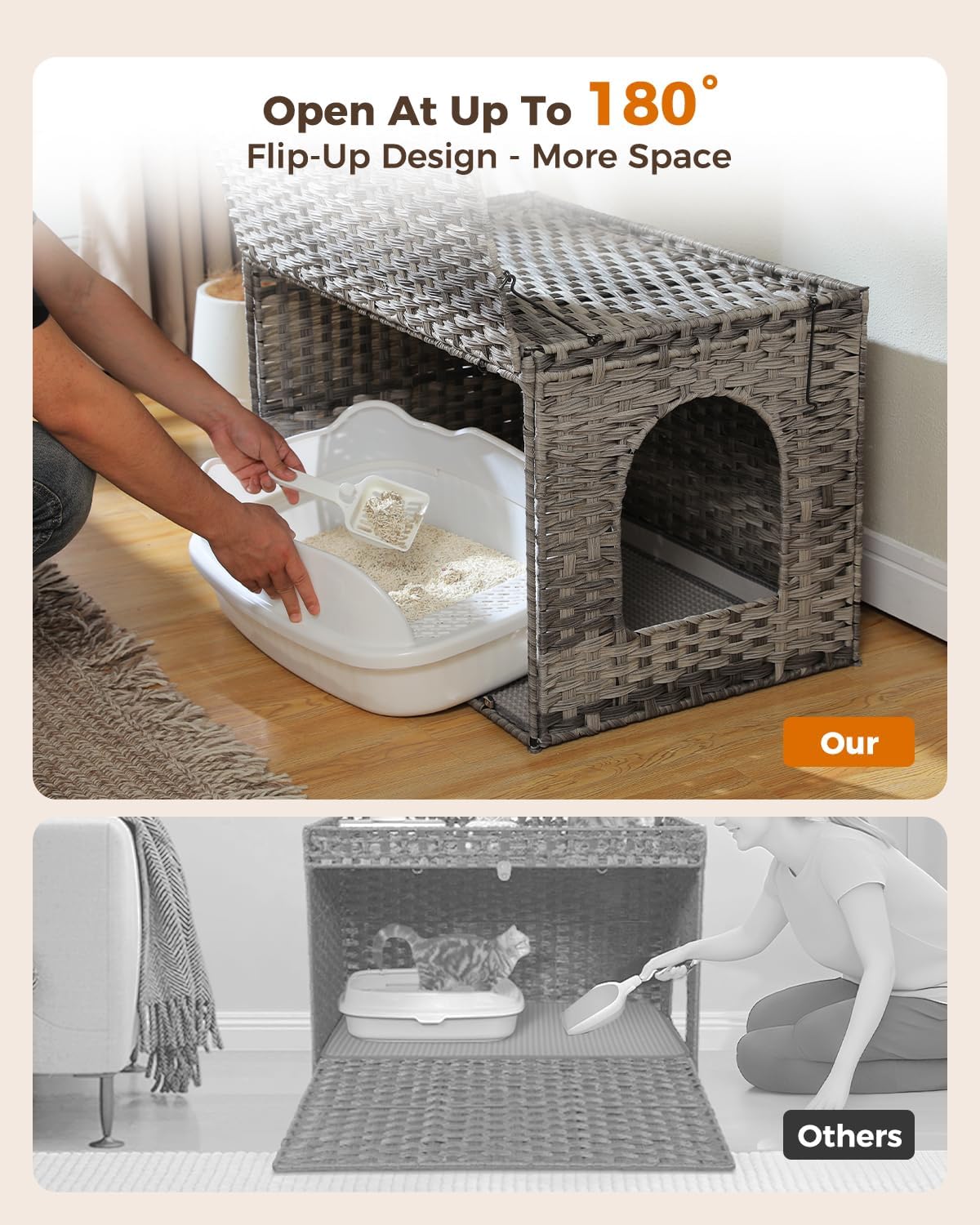 MUTTROS Rattan Cat Litter Box Enclosure, XL, Gray