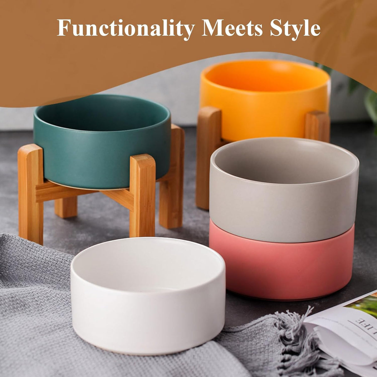 Ceramic Elevated Dog Bowl with Bamboo Stand, for Small & Medium Dog, Yellow