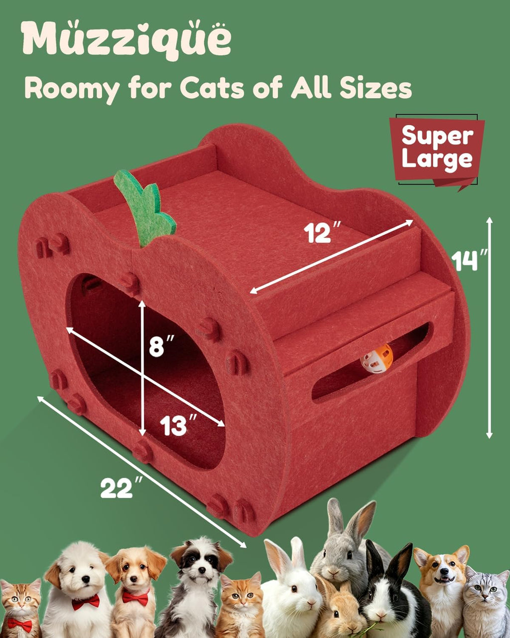 Cat Cave Bed for Indoor Cats, Red Apple Cat Hideaway House, with Perch&Toys