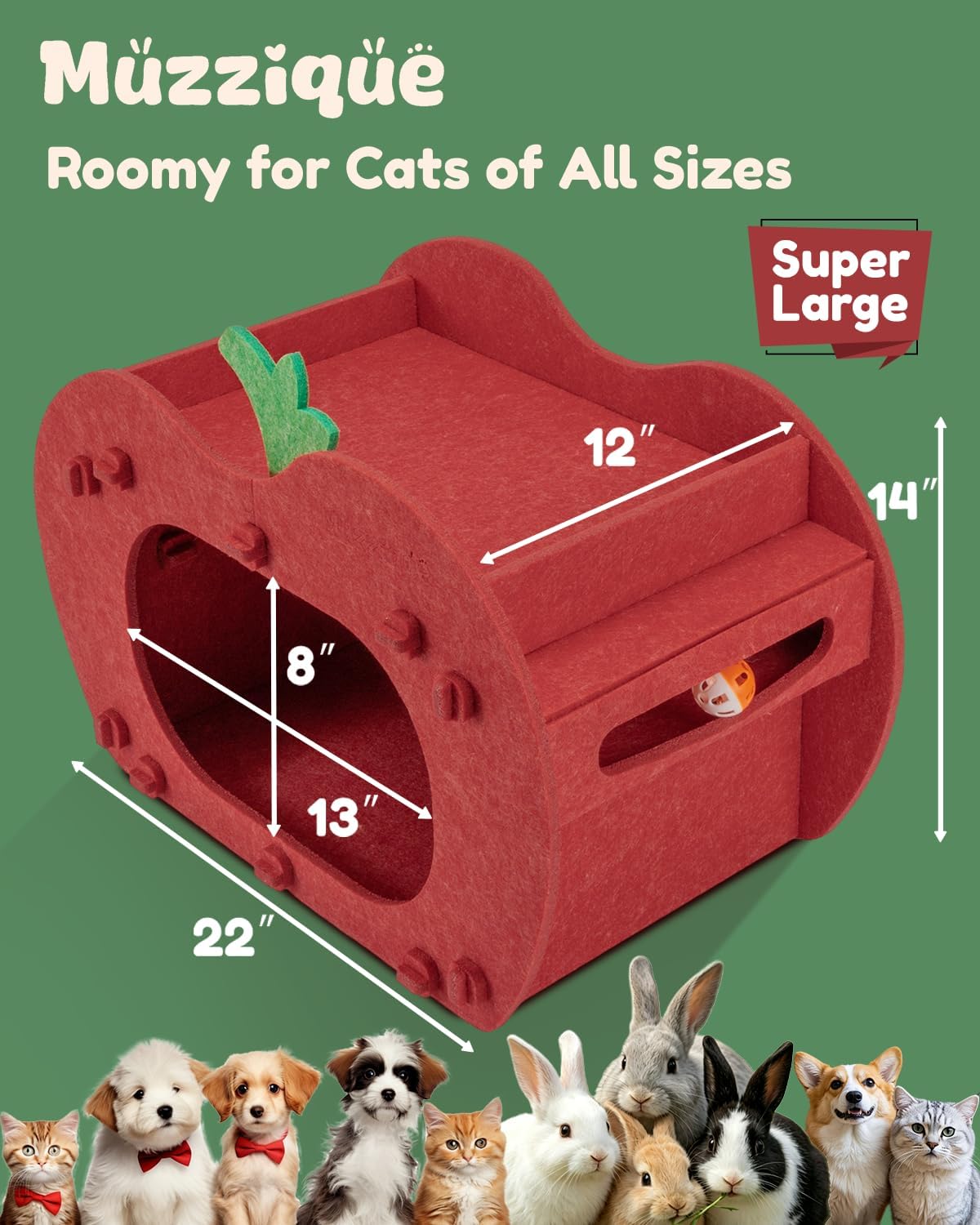 Cat Cave Bed for Indoor Cats, Red Apple Cat Hideaway House, with Perch&Toys
