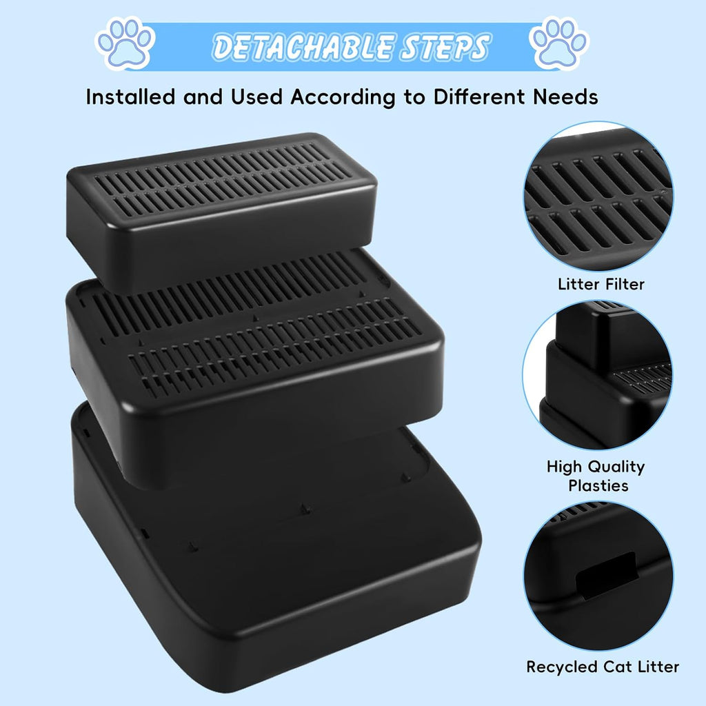 3 Step Litter Box Ramp Adjustable Detachable Litter Box Step, Black