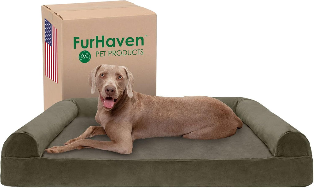 Furhaven Cooling Gel Dog Bed for Large Dogs w/ Removable Bolsters & Washable Cover, For Dogs Up to 125 lbs - Faux Fur & Velvet Sofa - Dark Sage, Jumbo Plus/XXL