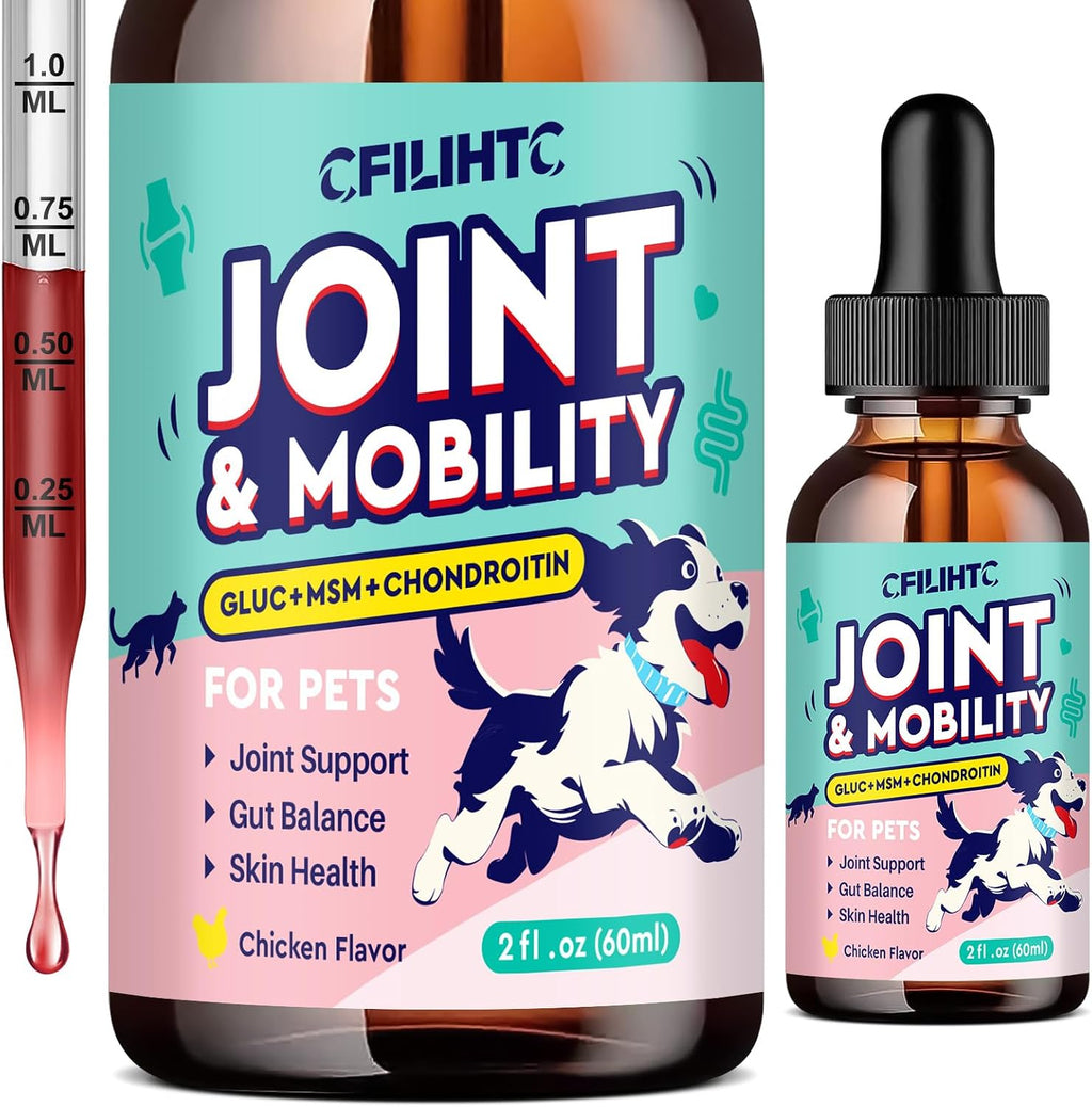 CFILIHTC Joint Drops for Dogs with Glucosamine, Chondroitin, MSM & Omega-3 – Pets Liquid Joint Supplement for Dogs & Cats – Hip, Joint, Mobility, Skin & Coat Support – Chicken Flavor 2 Fl Oz