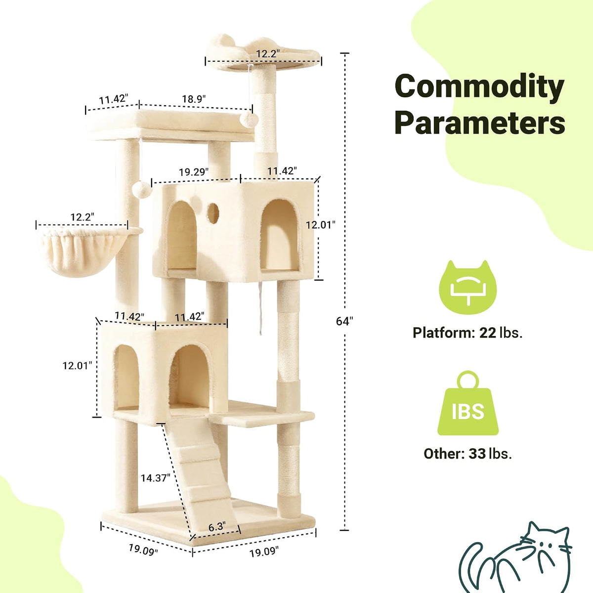 Allewie 64 Inches Multi-Level Cat Tree Tower for Indoor Cats, Beige