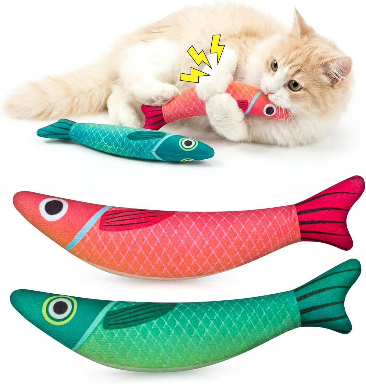 Cat Toys for Indoor Cats, Fish-Shaped Pillow, 2 Pack Red+Green | 5000mg A+Natural Catnip & Bell, Interactive Soft Chew Kicker, For Indoor Cats & Kittens, Crinkle & Bell Fish Sound Toy