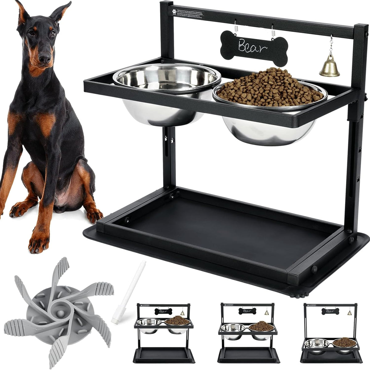 SHAINFUN Elevated Dog Bowls - Slow Feeder, Raised Stand with Two 1700ML Stainless Steel Bowls, Spill Proof Mat for Large & Medium Dogs