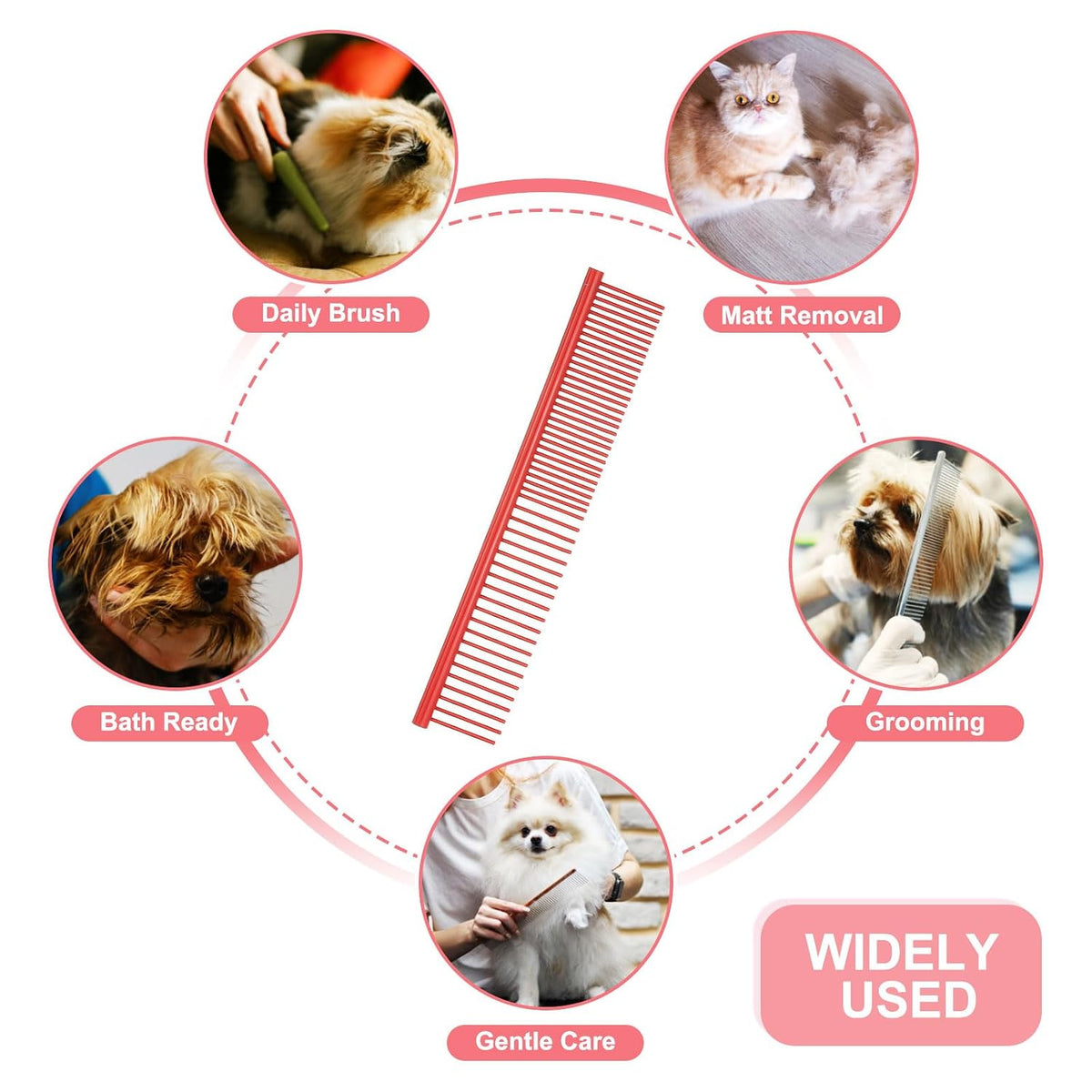 Dog Cat Comb, Pet Combs Stainless Steel Teeth with Rounded Ends for Knots Mats Loose Hair Removal, 6.5IN (Red Coated, 3 Pack), Grooming Tool Intended for Long Curly Hair Pet