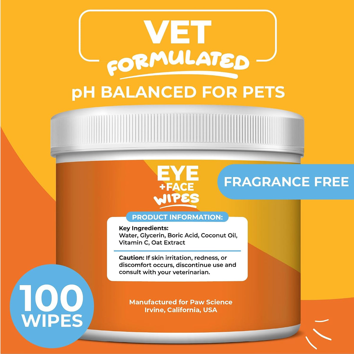 Paw Science Dog & Cat Eye Wipes (100 Count) Hypoallergenic Eye & Face Wipes for Cats, Dogs - Pet Tear Stain Remover & Cleaner - Cleans & Removes Discharge, Crust, & Gunk (Unscented)