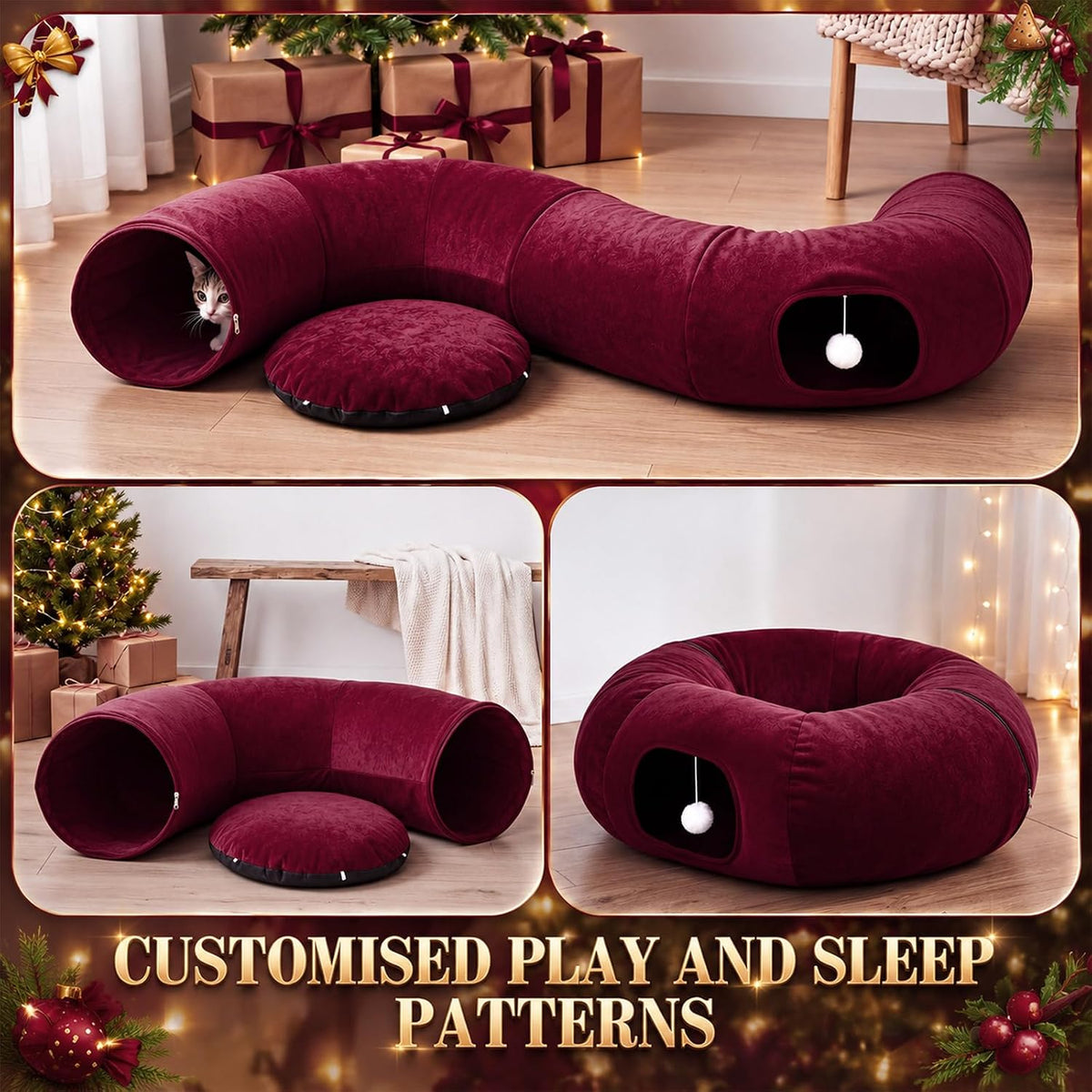Christmas Tree Cat Tunnel 36 in Donut Bed, Burgundy, Velvet, Fluffy