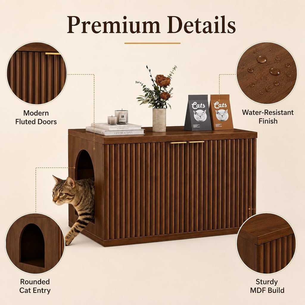 Homhedy Cat Litter Box Enclosure,Modern Fluted Accent,Reddish Brown