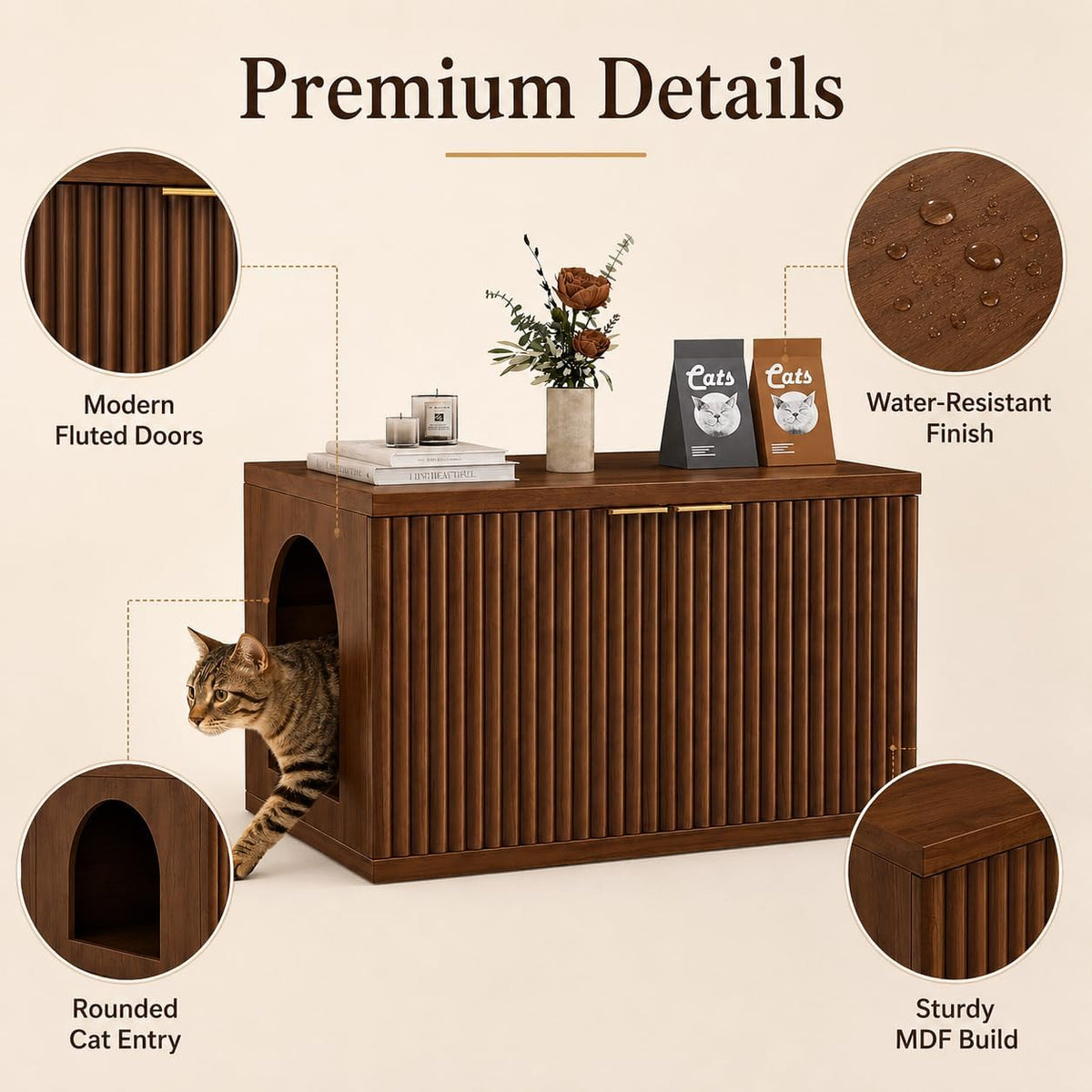 Homhedy Cat Litter Box Enclosure,Modern Fluted Accent,Reddish Brown