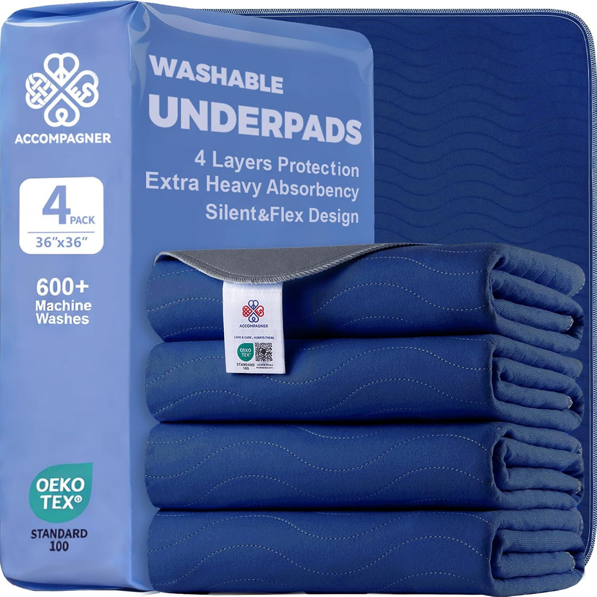 Accompagner Incontinence Bed Pads Washable Waterproof, Ultra-Absorbent Reusable Underpads for Diaper Changing, Nursing, Bedridden, Adults, Seniors, Kids and Dogs (Navy, 36"x36"(Pack of 4))