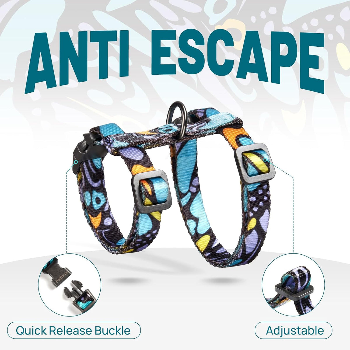 PetThem Adjustable Cat Harness and Leash Set Escape Proof (Butterfly Magic)