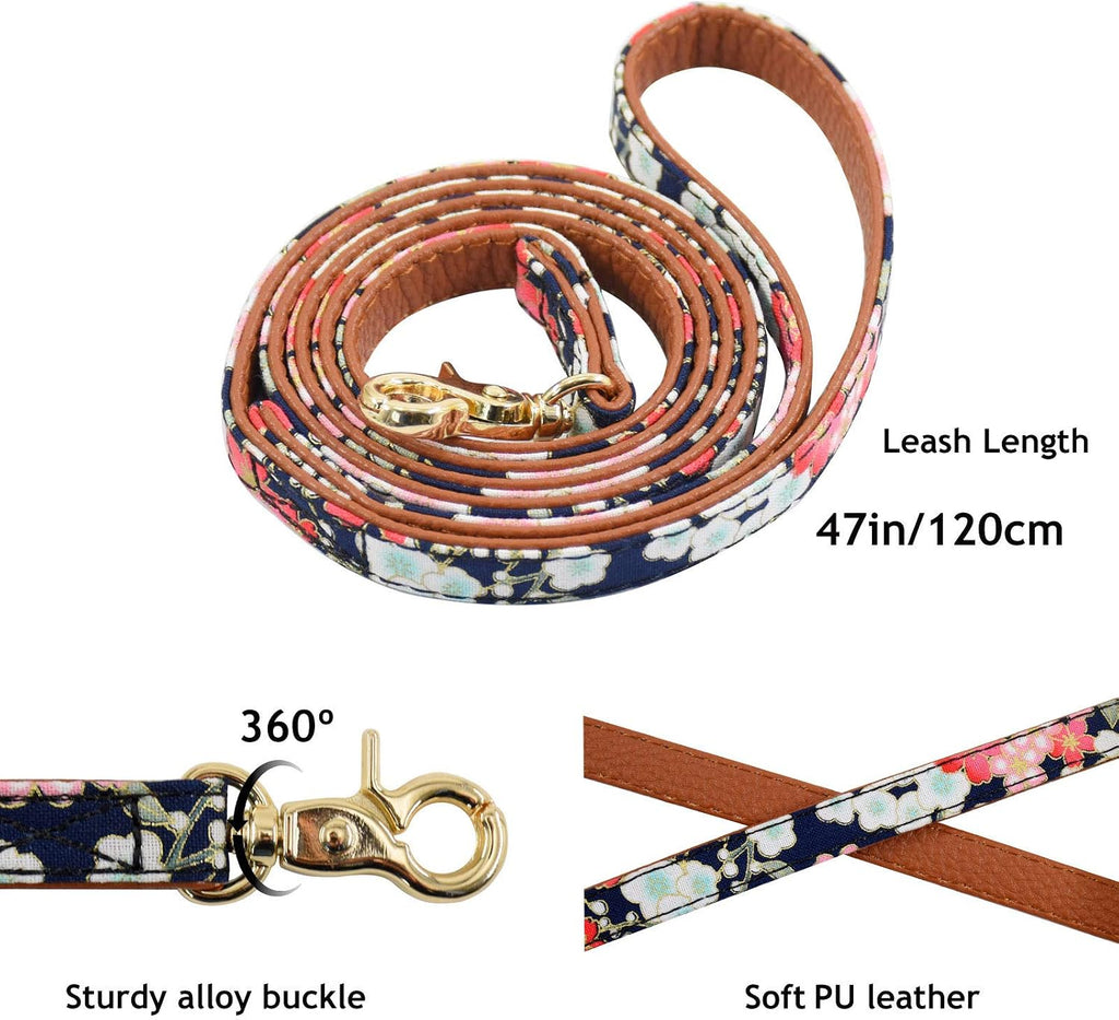 3PCS Bow Tie Dog Collar and Leash Set Plaid/Camo/Dots/Flower Dog Banadanas with Bell 3 Size Adjustable for Small Dogs Puppies and Cats (M, Black Flower)