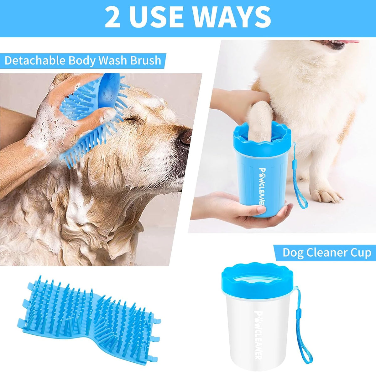 Professional 7 in 1 Dog Paw Cleaner for Dogs & Cats - Includes 1 Portable Paw Washer, 1 Bath Brush, 2 Dog Toothbrushes and 3 Absorbent Towels Note: Fits Paws 1.5 to 2.5 Inches Wide (Medium, Blue) 