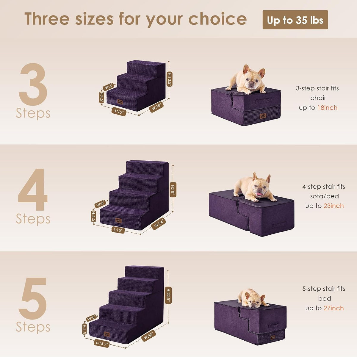 EHEYCIGA Dog Stairs for Bed 18" H, Dog 4-Steps for High Bed, Purple