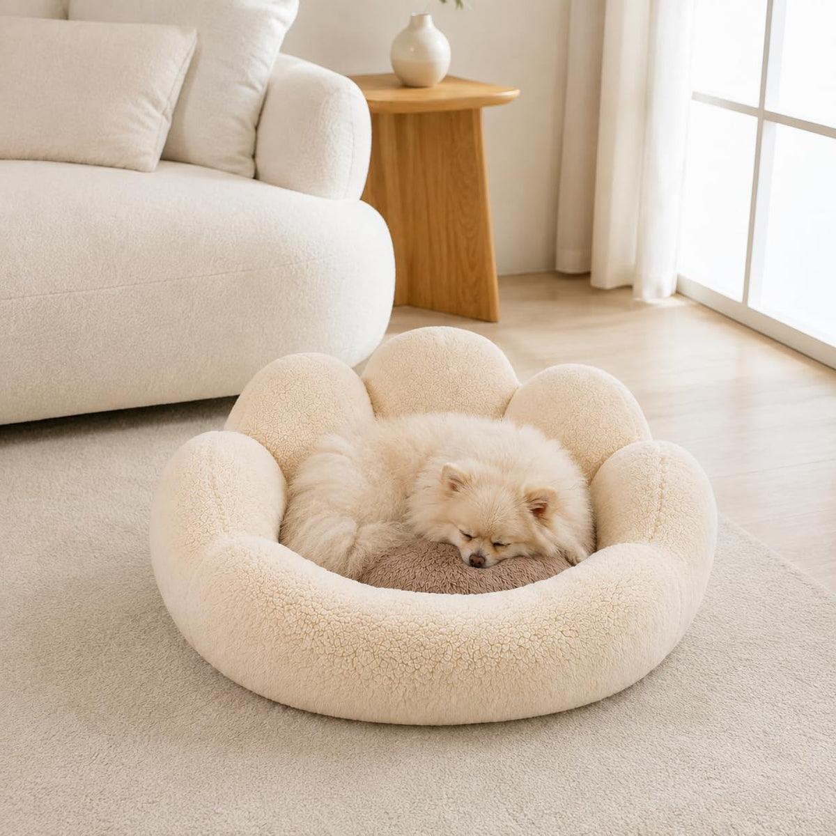 Small Dog Bed, Flower-Shaped Calming Cat Bed, 23 in, Beige