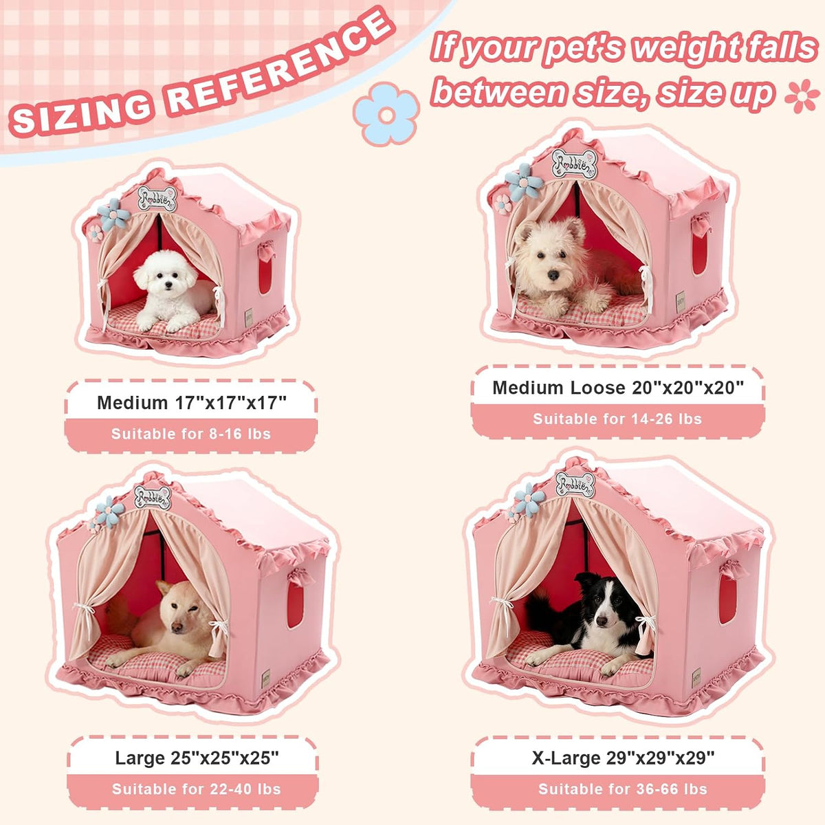 Jiupety Indoor Dog House with Frame,Cute Dog Tent Bed with Cover Cave,Pink