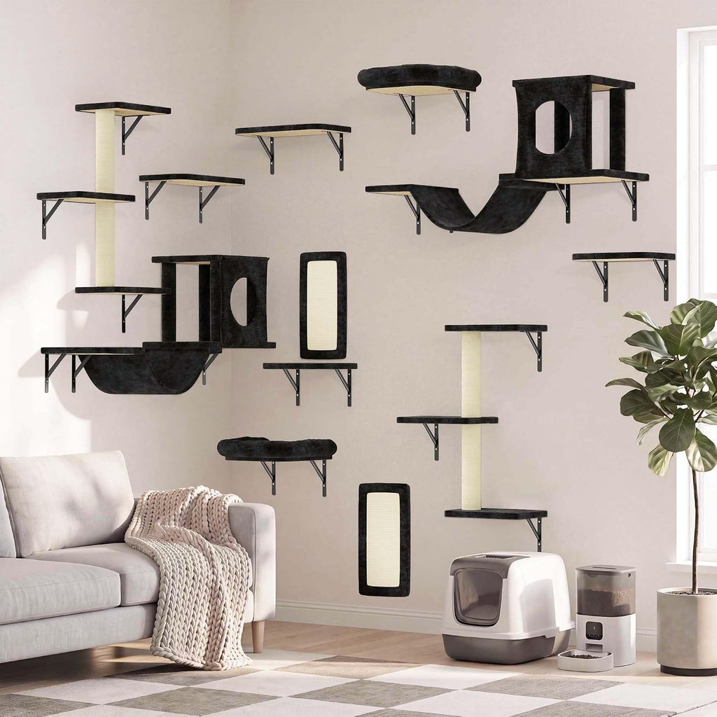 12-in-1 Cat Wall Shelves, Luxury Wall-Mounted Cat Shelves, Black