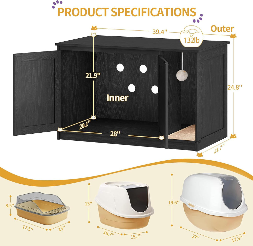 Hzuaneri Cat Litter Box Enclosure, Hidden Litter Box Cabinet Furniture | Indoor Cat House with Bell, Farmhouse Style, 31.5 x 19.7 x 20.9 Inches, for Hallway, Bedroom, Black CB85204X
